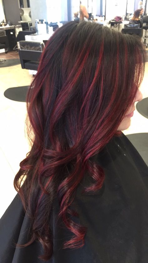 Red Underdye Hair With Highlights, Red Highlights On Black Wavy Hair, Dark Red With Bright Red Highlights, Dark Red Stripes Hair, Red Thick Highlights, Dark Hair Red Streaks, Red And Brown Bayalage Hair, Black Brown And Red Hair, Dark Red Hair Color Highlights