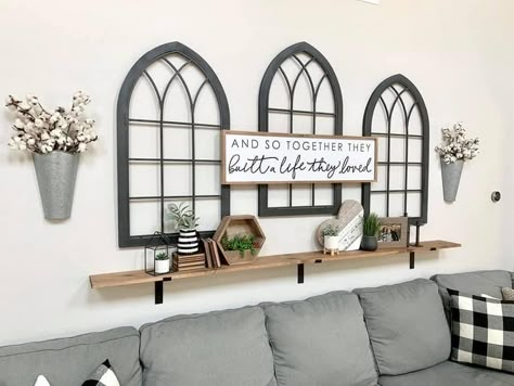 Decor For A Large Living Room Wall, Large Window Pane Ideas Wall Decor, Marceline House, Behind Couch Wall Decor Farmhouse, Cathedral Arch Wall Decor Living Room, Farmhouse Arch Wall Decor Living Room, Behind The Couch Wall Decor, Window Pane Picture Frame Wall Decor, Behind Couch Wall Decor