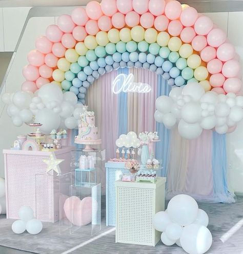 First Birthday Rainbow Theme Decoration, Pastel Rainbow Party Theme, Baby Shower Ideas Rainbow Theme, Baby Shower Arcoiris Decoracion, Rainbow Baby Shower Ideas Decoration, First Birthday Rainbow Theme, 1st Birthday Rainbow Theme, Rainbow Themed Baby Shower Ideas, Pastel First Birthday Party