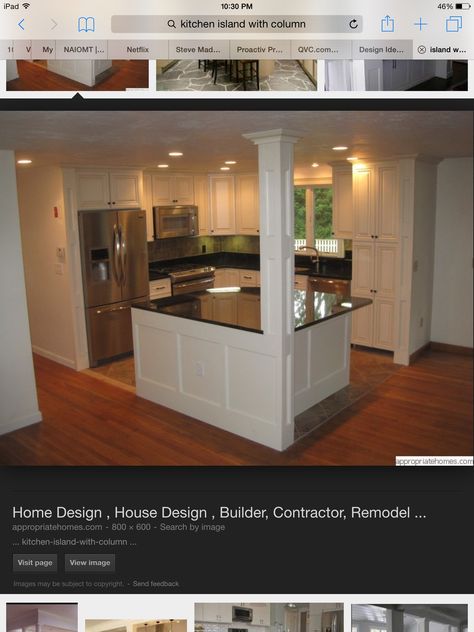 Kitchen Island Attached To Wall, Kitchen With Beam, Post In Kitchen, Kitchen Living Room Combo, Kitchen Pass Through, Kitchen Pass, Vaulted Ceiling Kitchen, Remodeled Homes, Taupe Kitchen