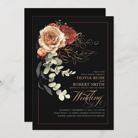 Terracotta Burnt Orange Floral Black Boho Wedding Invitation Black Boho Wedding, Wedding Invitation Text Message, Bold Calligraphy, Flowers Eucalyptus, Invitation Etiquette, Black Wedding Invitations, Wedding Invitations Boho, Foil Invitations, Black Boho