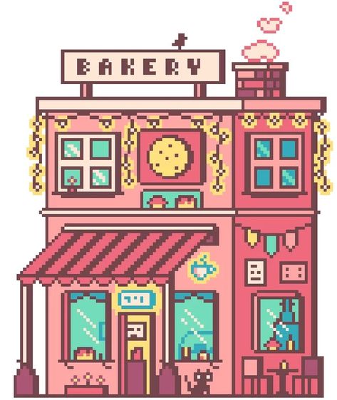 Kawaii Street Blog 1 - Bakery Pixel Art Bakery, Pixel Painter, Draw Your Oc, Building Drawing, Pixel Art Grid, Kawaii Aesthetic, Texture Packs, Art Series, Game Assets