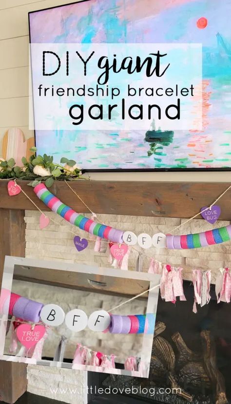 DIY giant friendship bracelet garland with items from the Dollar Store. Diy Giant Friendship Bracelet Garland, Diy Giant Friendship Bracelet, Bff Birthday Party, Large Friendship Bracelet Garland, Friendship Bracelet Decoration, Bracelet Party Ideas, Friendship Bracelet Birthday Party, Friendship Bracelet Garland Diy, Giant Friendship Bracelet Garland