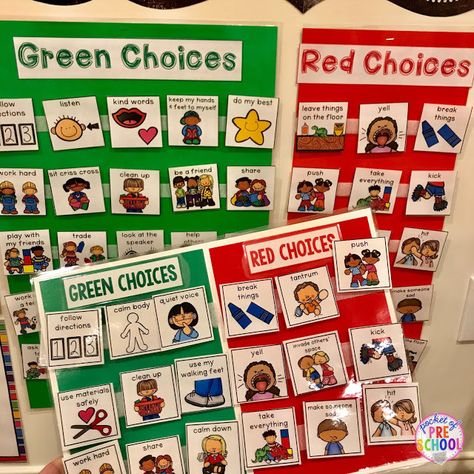 Green and red choice behavior management techniques (posters, songs, individual choice boards, class books, and children's books to support) perfect for preschool, pre-k, and kindergarten Red Choice Green Choice Preschool, Red Green Choices Preschool, Green And Red Choices Printable, Red And Green Choices Preschool, Green Choices Red Choices, Preschool Choice Board Ideas, Red Choices And Green Choices Free, Red And Green Choices Free Printable, Choice Boards Kindergarten