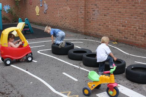 Eyfs Outdoor Area Bikes, Bike Area Eyfs, Preschool Bike Path, Bike Organization, Outside Play Area, Backyard Water Fun, Preschool Building, Eyfs Outdoor Area, Childrens Garden