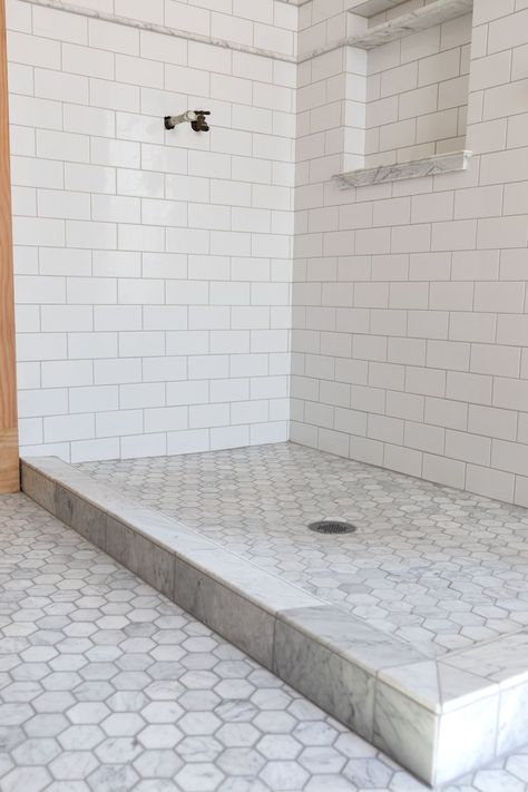 Hexagon Shower Floor Tile, Bathroom Hexagon Tile, Hexagon Shower Floor, Shower Nook, Hexagon Tile Bathroom Floor, Hexagon Tile Bathroom, The Grit And Polish, Grit And Polish, Bathroom Grout