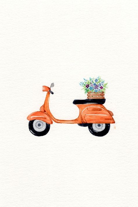 Scooter Drawing, Vespa Illustration, Back Drawing, Realistic Cartoons, Drawn Flowers, Abstract Watercolor Art, Oil Pastel Art, Cat Air, Hand Drawn Flowers