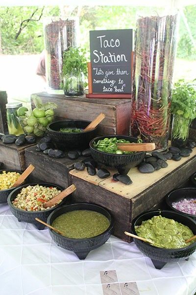 Tacos Wedding Buffet, Taco Party Table Display, Build Your Own Taco Bar Wedding, Tacos Set Up, Street Taco Buffet, Jungle Theme Taco Bar, Mexican Grazing Table Wedding, Catering Display Mexican Food, Wedding Elote Bar