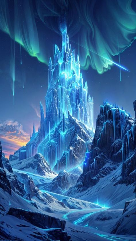 Ice Castle Fantasy Art, Dnd Phone Wallpaper, Fantasy Ice Landscape, Ice Castle Aesthetic, Ice Fantasy Art, Ice Wallpaper Aesthetic, Dnd Grimoire, Fantasy Background Magic Scenery, Crystal Landscape