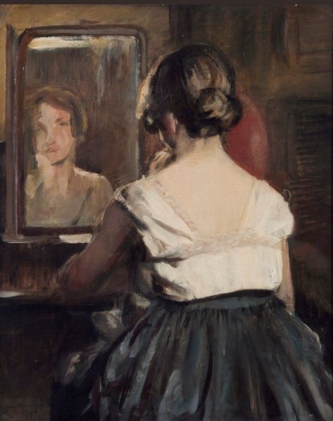 Facing Mirror Reference, Girl Looking In Mirror Art, Painting Of Mirror, Girl Looking Into Mirror, Mirror Drawing, Mirror Drawings, Tire Art, Female Art Painting, Edward Hopper