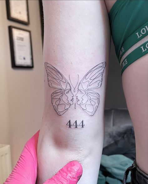 444 And Butterfly Tattoo, 444 Tattoo Ideas With Butterfly, Butterfly With Numbers Tattoo, Half And Half Butterfly Tattoo, 444 With Butterfly Tattoo, Butterfly 444 Tattoo, 444 Tattoo Design, 444 Butterfly Tattoo, Mn Tattoo