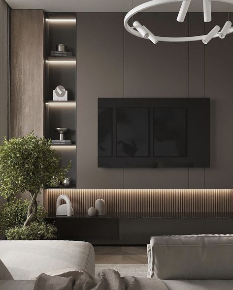 Tv Wall Ideas Modern Luxury, Dark Tv Wall, Media Unit Design, Luxury Tv Wall, Tv Unit Ideas, Tv Wall Ideas, Living Room Interior Design Ideas, Living Room Decor Tips, Living Room Wall Units