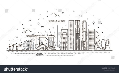 Singapore city line art vector. Illustration with all famous buildings. Cityscape. - Vector #Ad , #AD, #art#vector#line#Singapore Singapore Landmark, City Line Art, Singapore Map, Singapore Architecture, Skyline Illustration, Shanghai Skyline, Art Vector Illustration, Vintage Template, Modern Skyscrapers