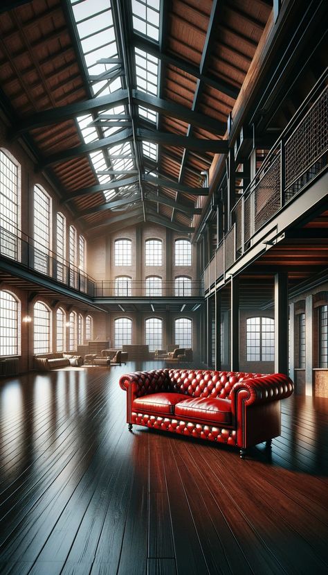 A striking red chesterfield sofa takes center stage in this modern industrial loft, accentuating the room's high ceilings, exposed brickwork, and dark hardwood floors. #UrbanElegance #LoftLiving #InteriorDesign #ModernIndustrial #ChesterfieldChic Red Chesterfield Sofa, Dark Hardwood Floors, Modern Industrial Loft, Dark Hardwood, Hardwood Floors Dark, Southwest Decor, Urban Loft, Loft Living, High Ceilings