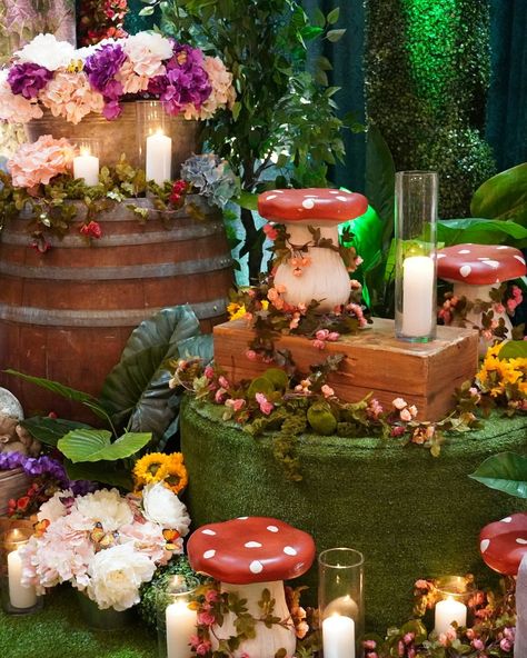 Getting into the Spring spirit 💐 Using florals, greenery, candles, and more, our Enchanted Garden theme brings the outdoors in and creates a magical vibe ✨ #eventdecorating #enchantedgarden #partythemes #eventdecorators Enchanted Garden Decor, Enchanted Prom, Forest Quince, Enchanted Garden Theme, Garden Gala, Hoco 2024, Bat Mitzvah Themes, Enchanted Party, Mitzvah Themes