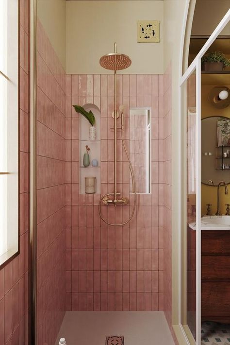 New York Bathroom Aesthetic, Pink Tiled Bathroom, Pink Tile Bathroom, Best Bathroom Paint Colors, Funky Prints, Pink Showers, Dream Apartment Decor, Dream Bathrooms, Dream House Interior