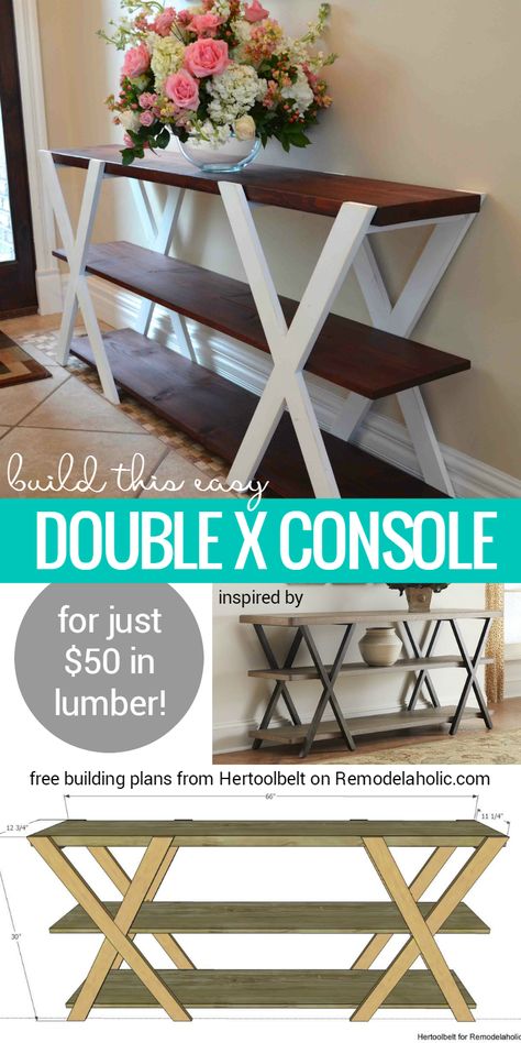 Free building plan for this easy double X console table. Make it longer or shorter to fit your space, and paint or stain it to be more modern or more rustic! Building plan from Hertoolbelt on Remodelaholic.com X Console Table, Free Building Plans, Farmhouse Console Table, Easy Build, Building Plan, Diy Holz, Woodworking Plan, Table Plans, Diy Table