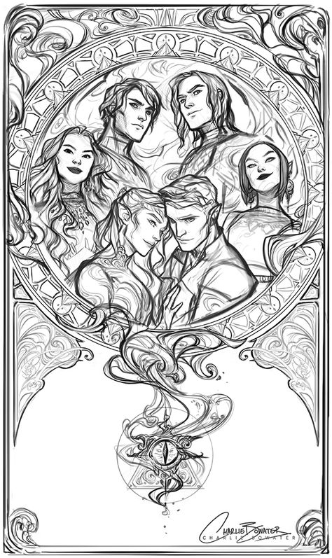 Still a TON of work to do and stuff to fix, but the first sketch for my Mucha Inspired Inner Circle piece is done! :) (just to clarify, no it’s not part of the colouring book - just personal!) Acotar Coloring Book, Charlie Bowater, Sarah Maas, A Court Of Wings And Ruin, Sarah J Maas Books, Court Of Thorns And Roses, A Court Of Mist And Fury, Inner Circle, Sarah J Maas