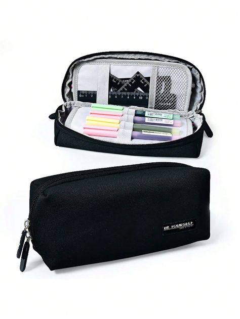 Black  Collar  Polyester   Embellished   Filing Products Black Pencil Case, Cool Pencil Cases, Large Pencil Case, Stationery Obsession, Cute Pencil Case, School Pencil Case, Cute School Stationary, College School Supplies, Pencil Storage