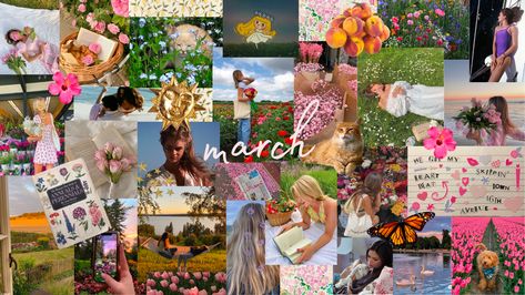 March Mood Board, March Aesthetic, 2022 Vision Board, Spring Desktop Wallpaper, March Spring, Desktop Wallpaper Macbook, Laptop Wallpaper Desktop Wallpapers, Cute Laptop Wallpaper, Academia Wallpaper