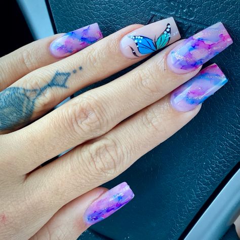 #nailart #marblenails #watercolornails #purplenails #nails #naildesigns #nailstagram #nailideas Purple Butterfly Nails, Purple Marble Nails, Nails Marble, Teal Butterfly, Water Color Nails, Butterfly Nails, Simple Acrylic, Watercolor Butterfly, Simple Acrylic Nails