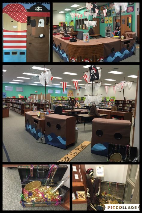 L2 - Scholastic Bookaneer Book Fair/Pirate theme/Library                                                                                                                                                                                 More Pirates School Theme, Pirate Decorations, Pirate Theme Classroom, Teach Like A Pirate, School Book Fair, Pirate Classroom, Book Fairs, Reading Night, Pirate Room