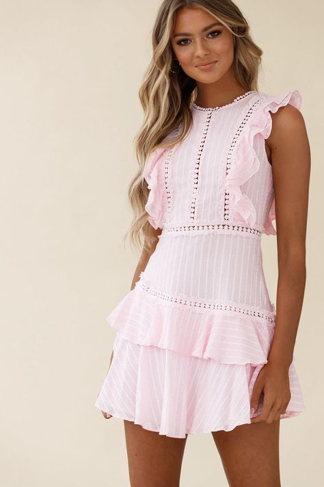 Melrose Sleeveless Crochet & Ruffle Detail Dress Pink Rush Week Outfits, Pink Selfie, Sorority Recruitment Outfits, Rush Outfits, Recruitment Outfits, Champagne Brunch, Selfie Leslie, Crochet Ruffle, Strappy Block Heels