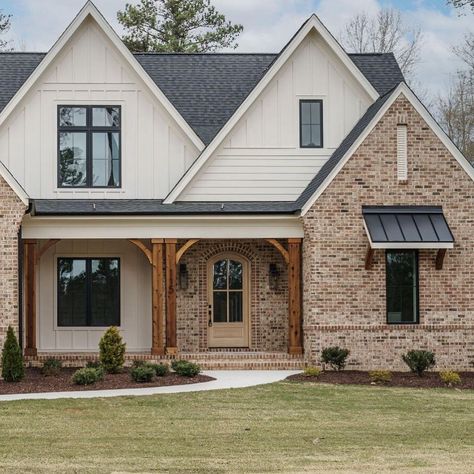 CLOSED 🏡🔐 Swipe ⬅️ to take the tour of this custom home we just completed in @laurelridgeestates! 🤩😍 | Instagram Brick Outside House, Farmhouse Exterior Brick And Siding, Siding Inspiration, Rustic Farmhouse Exterior Country Houses, Barndominium With Brick Exterior, Shake Siding Exterior With Brick, New Build Exterior, Brick Plus Siding Exterior, Two Story Ranch House Exterior