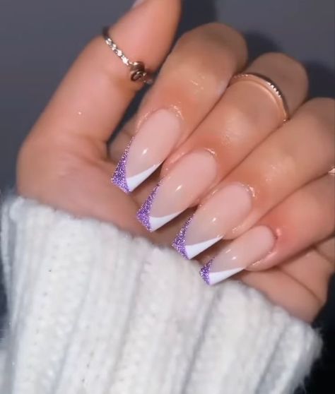 Purple White Nails, Purple Glitter Nails, Purple Acrylic Nails, Nails Art Ideas, Spring Acrylic Nails, Formal Nails, White Glitter Nails, Plaid Nails, French Tip Acrylic Nails