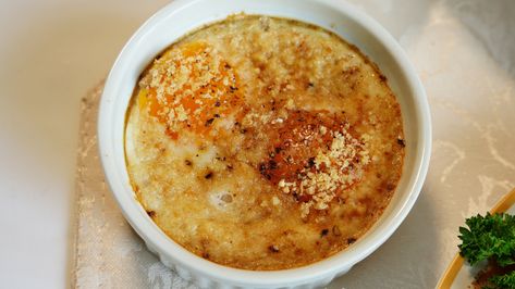 First Class Breakfast on the Titanic: Shirred Eggs — Tasting History Creamy Baked Eggs, Bread Crumb Topping, Shirred Eggs, Crunchy Bread, Buckwheat Cake, Small Tomatoes, Mug Recipes, The Titanic, Crumb Topping