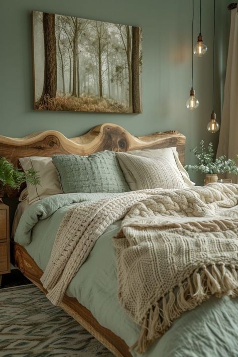 Green Country Bedroom Ideas, Arizona Style Bedroom, Sage Cream Bedroom, Sage Green Rustic Bedroom, Organic Natural Design, Peaceful Cozy Bedroom, Rustic Green Bedroom, Green Rustic Bedroom, Green Bedroom Dark