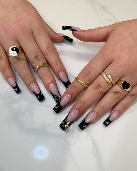 Black Frenchies, Acrylic Nail Designs Classy, Hoco Nails, White Coffin Nails, Long Square Nails, Black Acrylic Nails, Square Nail Designs, Unique Acrylic Nails, Long Square Acrylic Nails