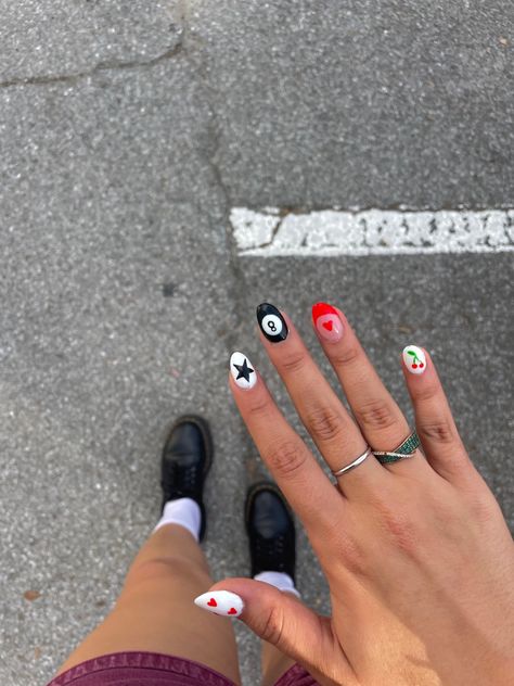 Amsterdam Inspired Nails, Medium Length Valentines Day Nails, Simple Red Acrylic Nail Ideas, Minimalist Fourth Of July Nails, Dark Funky Nails, Heart Y2k Nails, Funky Fun Nails, Jackpot Nails, Cherry 8 Ball Nails