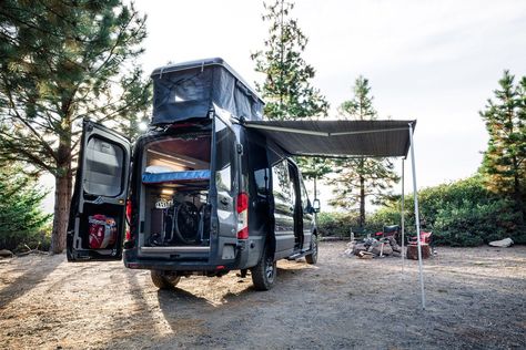 Ford Transit camper van sleeps four in style  - Curbed Custom Camper Vans, Ford Transit Camper, Transit Camper, Astro Van, Rooftop Tent, Custom Campers, Sprinter Van Conversion, Sprinter Camper, Van Ideas