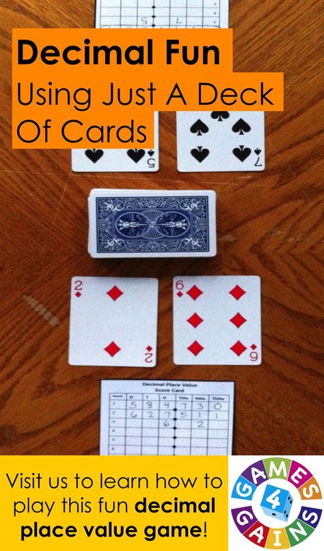 In this quick and easy game, students compete against one another to form the highest decimal number using playing cards.  This game challenges students to think critically about the place value of digits in decimal numbers and how each digit's placement impacts the total value of the number.  Come visit us at Games4Gains.com to learn how to play! Bridges Math, Teaching Decimals, Decimal Place Value, Decimal Numbers, Place Value Game, Game Challenges, Place Value With Decimals, Math Decimals, Math Night