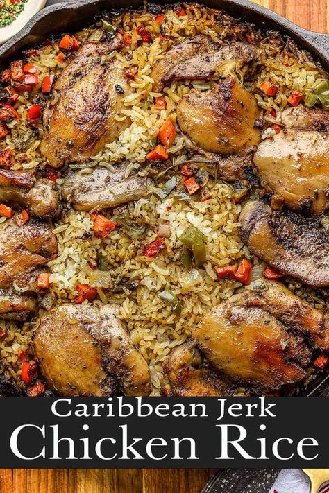 Learn how to make this unbelievably delicious Caribbean jerk Chicken and Rice recipe that's flavorful, and make an easy one-pot meal that is perfect for meal prep. Jerk Chicken And Rice, Caribbean Chicken, Chicken And Rice Recipe, Jamaican Cuisine, Jamaican Dishes, Jerk Seasoning, Easy One Pot Meals, Jerk Chicken, Jamaican Recipes