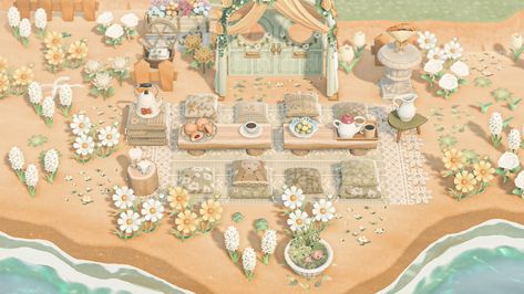 Animal Crossing Beach Picnic, Acnh Beach Picnic, Acnh Beach Picnic Ideas, Acnh Fairycore Beach, Acnh Beach Ideas Cottagecore, Spring Core Acnh, Acnh Beach Campsite, Acnh Beach Rock Ideas, Pandora Island