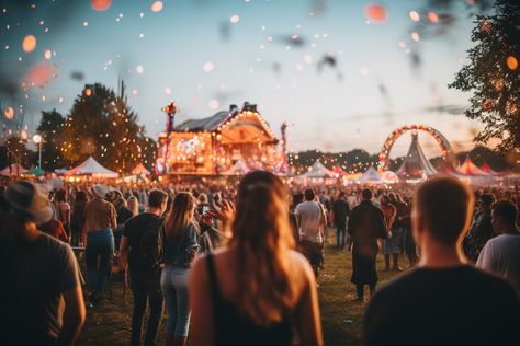 digital photo with nikon d850 70mm of a folk festival in germany with many happy people drinking in a group of 7 youing people and some folk festival attractions Ferris wheel in background bokeh Festival Landscape, Music Festival Aesthetic, Folk Music Festival, Oc Fair, Background Bokeh, People Drinking, Festival Friends, Book Edits, Festival Aesthetic