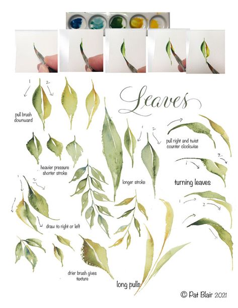 Triangle Brush Watercolor, Wedge Brush Watercolor, Watercolor Leaves Tutorial, Botanical Watercolor Tutorial, Watercolor Moss, Watercolor Exercises, Plants Watercolor, Painting Leaves, Brush Watercolor