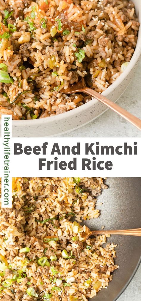 Beef And Kimchi Fried Rice - quick and tasty stir fry made with white long-grain rice, minced beef, pak choi and kimchi, mixed with sriracha, soy sauce and fresh ginger topped with spring onion and sesame seeds. This beef and kimchi fried rice is perfect for an easy midweek dinner. #Kimchifriedrice #friedrice #easydinner Rice With Ground Beef, Kimchi Rice, Minced Beef, Paleo Soup, Kimchi Fried Rice, Pak Choi, Beef And Rice, Duck Recipes, Food Heaven