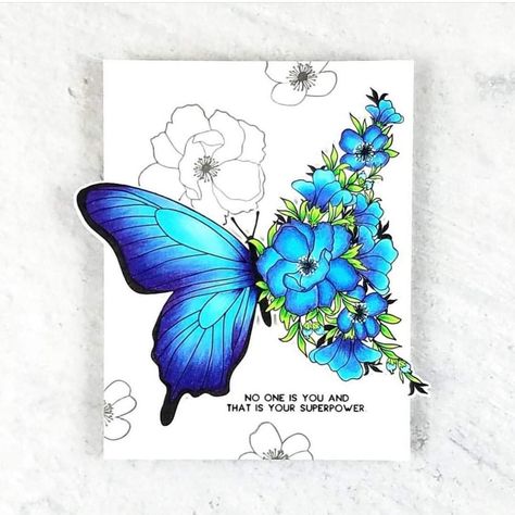 Butterfly With Flowers, The Ton Stamps, Butterfly Sketch, Silicone Stamps, Butterfly Art Painting, Cas Cards, Technique Tuesday, Stamps Collection, Blue Butterflies