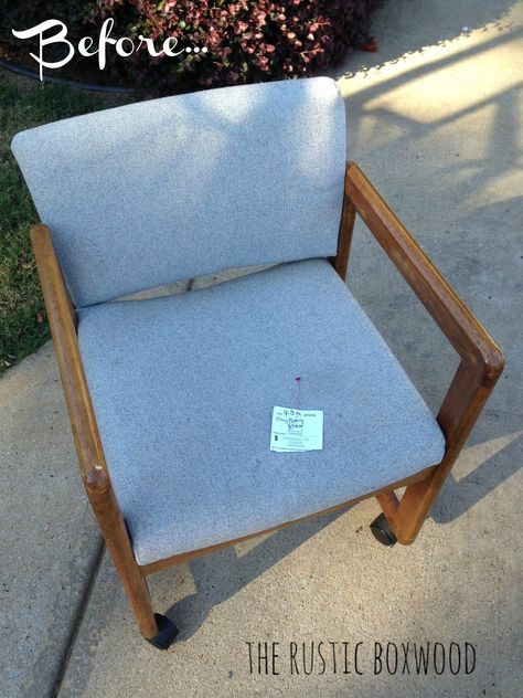 See how this outdated chair got a fun makeover! | The Rustic Boxwood | DIY, office chair, goodwill, before and after, projects, tutorial, makeover, tutorial Reupholster Office Chair Diy, How To Reupholster An Office Chair, Chair Update Diy, Old Office Chair Makeover, Reupholster Desk Chair, Waiting Room Chair Makeover, Office Chair Redo, Diy Office Chair, Chair Upcycle