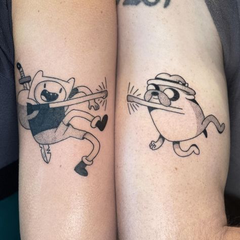 Instagram Matching Tattoos Ideas For Best Friends, Gumball And Darwin Tattoo, Matching Anime Couple Tattoos, Cartoon Network Tattoo, Duo Tattoos, Brother Sister Tattoos, Bro Tattoos, Cute Sister Tattoos, Maching Tattoos