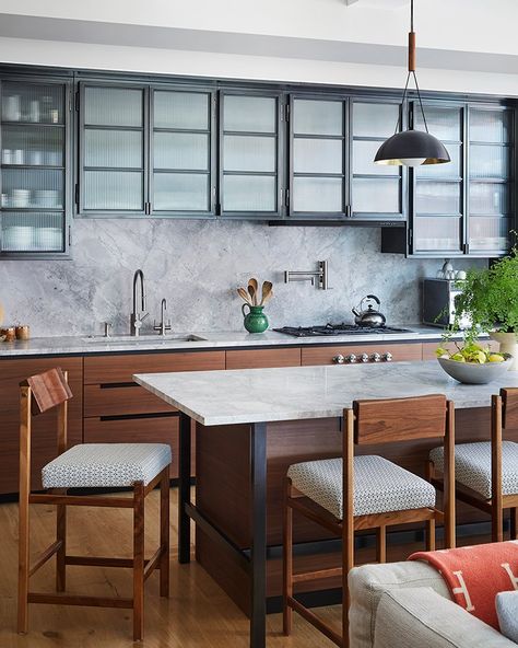 Types Of Kitchen Cabinets, West Village Apartment, Emily Henderson Design, Built In Banquette, Flat Panel Cabinets, Fluted Glass, Expandable Dining Table, Painted Walls, Solid Wood Doors