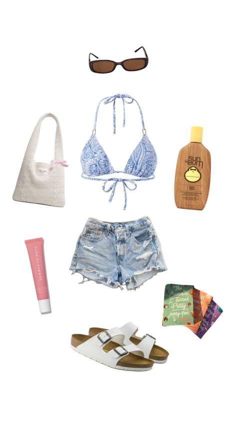 bikini top, jean shorts cute outfit inspo Swim Top And Shorts Outfit, Preppy Jean Shorts, Beach Day Outfit, Top Jean, Outfit Collage, Shorts Cute, Work Outs, Summer Break, Summer Fits