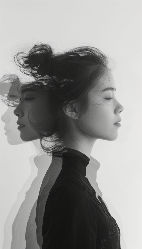 Portrait Double Exposure, Portrait Photography Ideas Inspiration, Portrait Wallpaper Aesthetic, Drama Aesthetic Wallpaper, Instagram Portrait Ideas, Black And White Photoshoot Black Women, 2 People Reference, Artistic Self Portrait, Artistic Self Portrait Photography