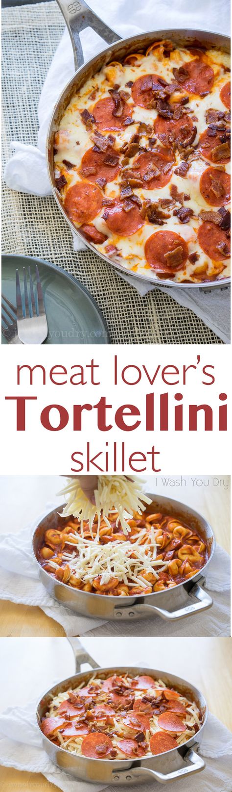 This is so amazing! Meat Lover's Tortellini Skillet. Sausage, bacon and pepperoni all in one skillet, made in less than 20 minutes! Dinner LOVE! Skillet Tortellini, Pizza Tortellini, Tortellini Skillet, Stuffed Pasta, Skillet Pasta, Meat Lover, Turkey Pepperoni, One Skillet, Cheese Tortellini