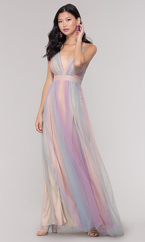 Multi: 1 - S Pastel Dress Formal, Rainbow Prom Dress, Pastel Color Dress, Simply Dresses, Pastel Dress, V Neck Prom Dresses, Rainbow Dress, Dresses Elegant, Long Wedding Dresses