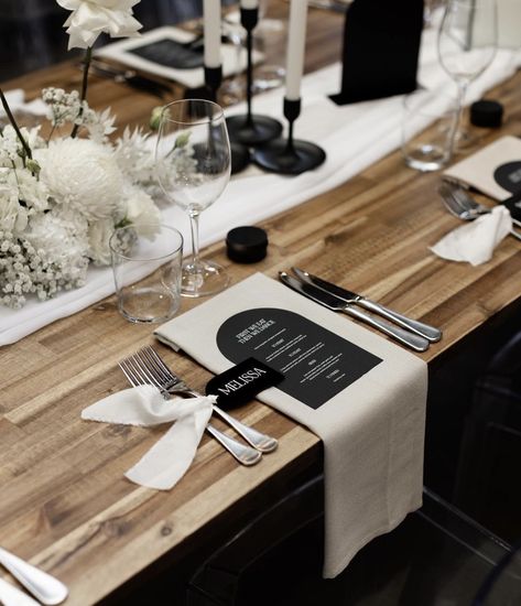 Monochrome Wedding Table Setting, Diy Black Tie Wedding, Monochrome Wedding Table Decor, Monochrome Table Setting, Neutral And Black Wedding, Black Tie Dinner Party, Colorful Dinner, Megan Kelly, Table Detail