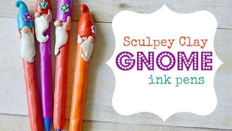 clay-gnome-pens Gnome Clay, Clay Pens, Pen Decoration, Polymer Clay Pens, Crafts Cheap, Crochet Hook Handles, Clay Pen, Pen Toppers, Fall Gnomes